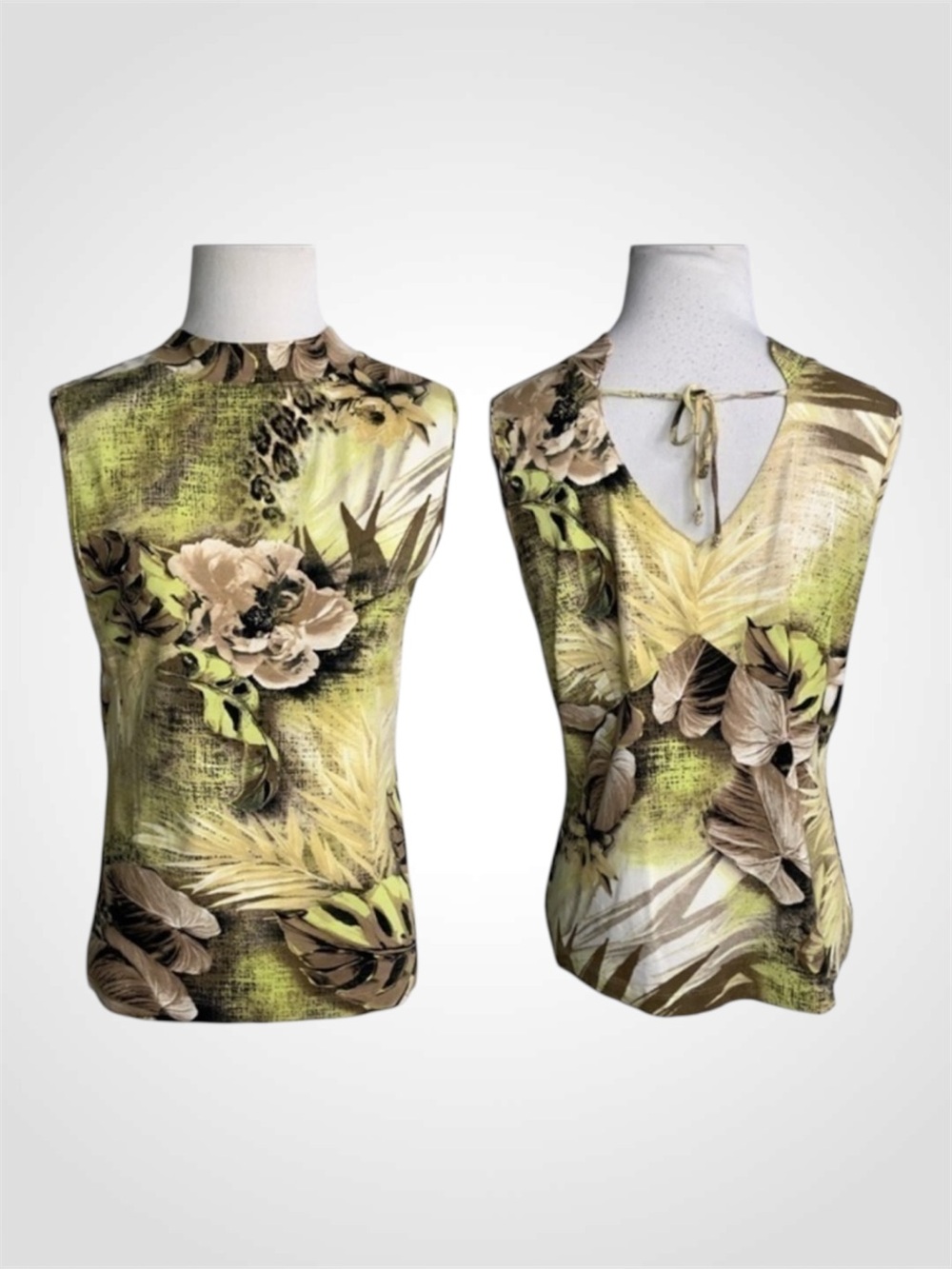 Apriori Golden Yellow Tan & Green Tropical Floral High Neck Sleeveless Top 10